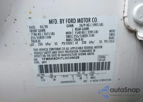 2020 Ford Explorer Xlt z USA, uszkodzony, nr VIN 1FMSK8DH7LGC08028